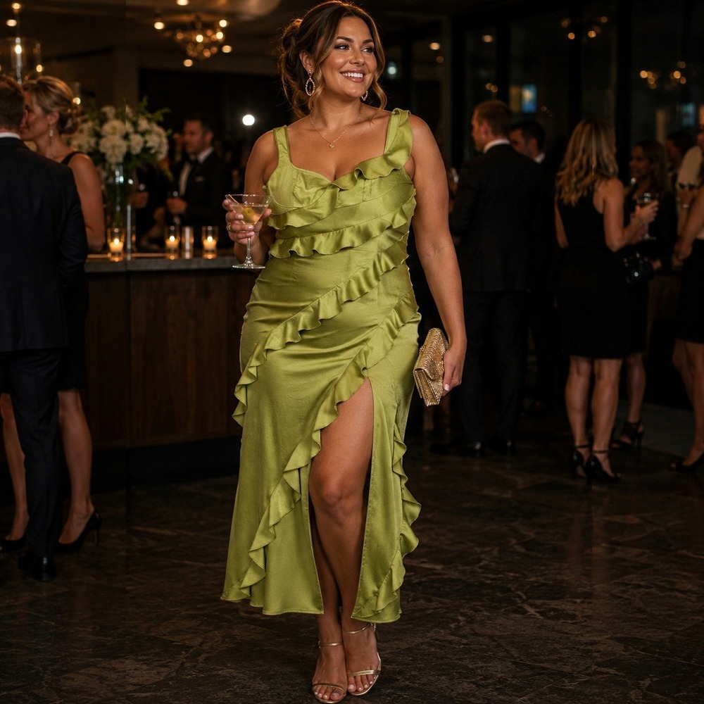 PrettyLittleThing Maxi Dress Women Size 22 Olive Green Ruffle Satin Slit Party